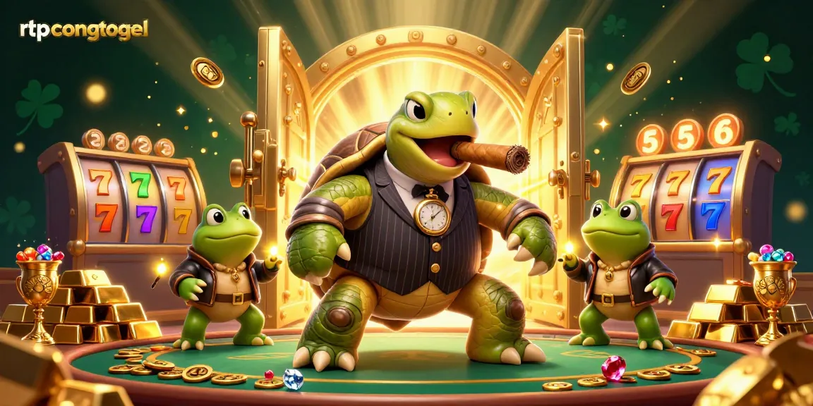 Engage with the exciting rtpcongtogel gaming scene featuring a snapping turtle and bullfrogs in a rich casino atmosphere.