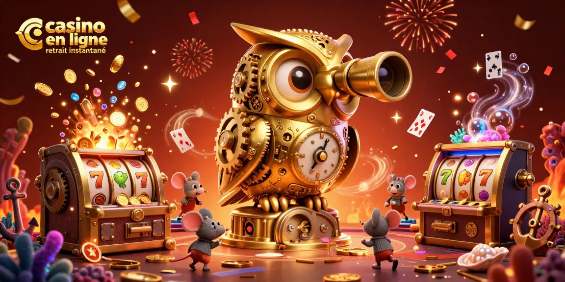 Jouez dans un casino en ligne retrait instantané avec un hibou en or observant des machines à sous animées.