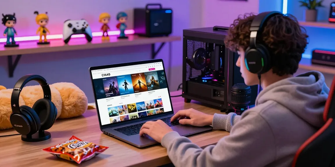Gamer exploring CIKA4D online store with gaming gear in vibrant atmosphere.