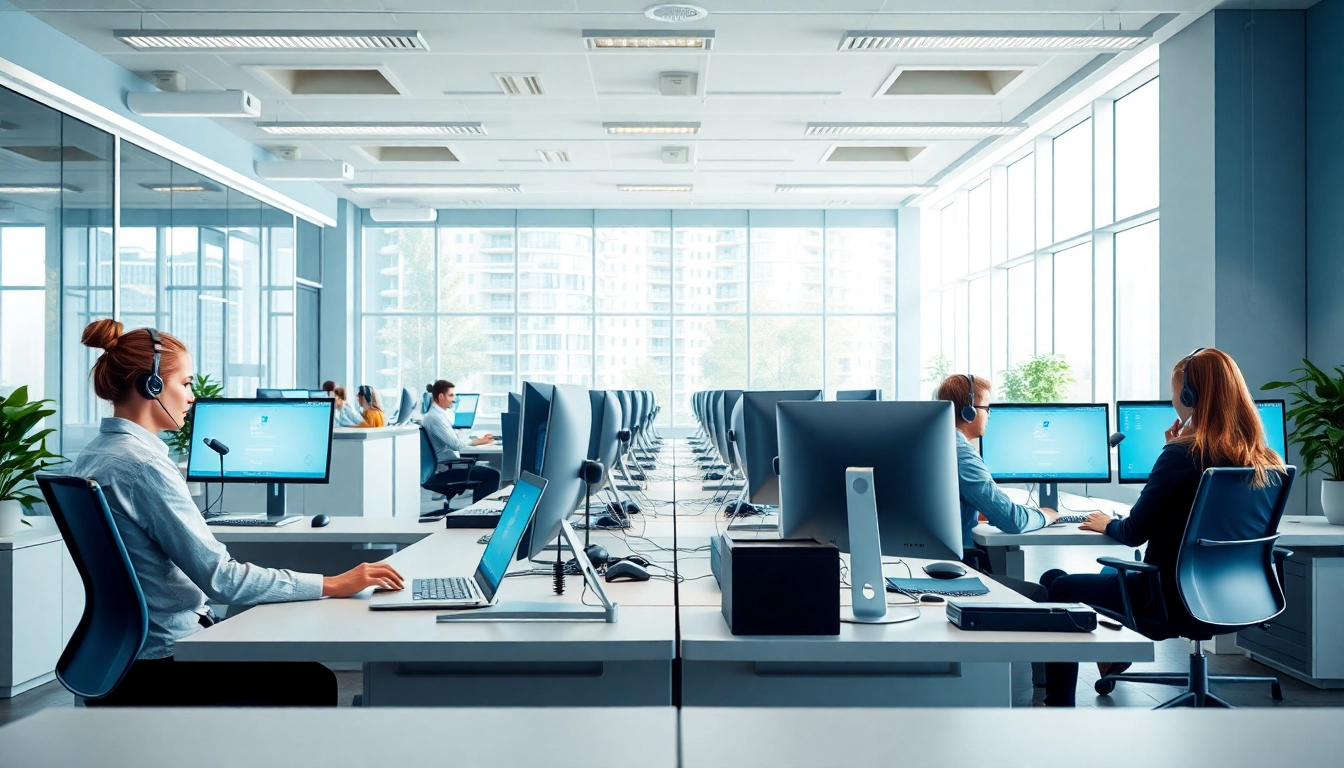 Streamlined IT helpdesk services London with technicians in an organized office setting.