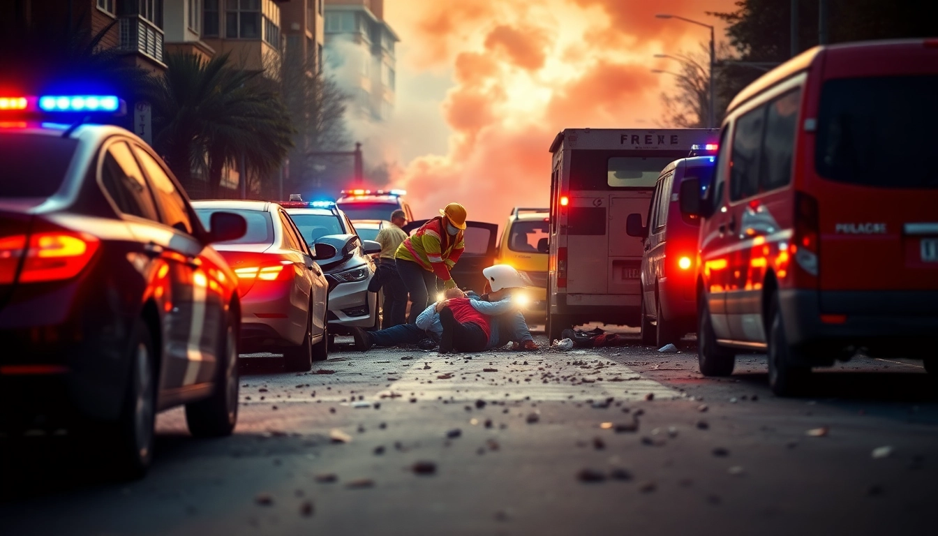 A chaotic road accident scene showing emergency responders attending to injured individuals.