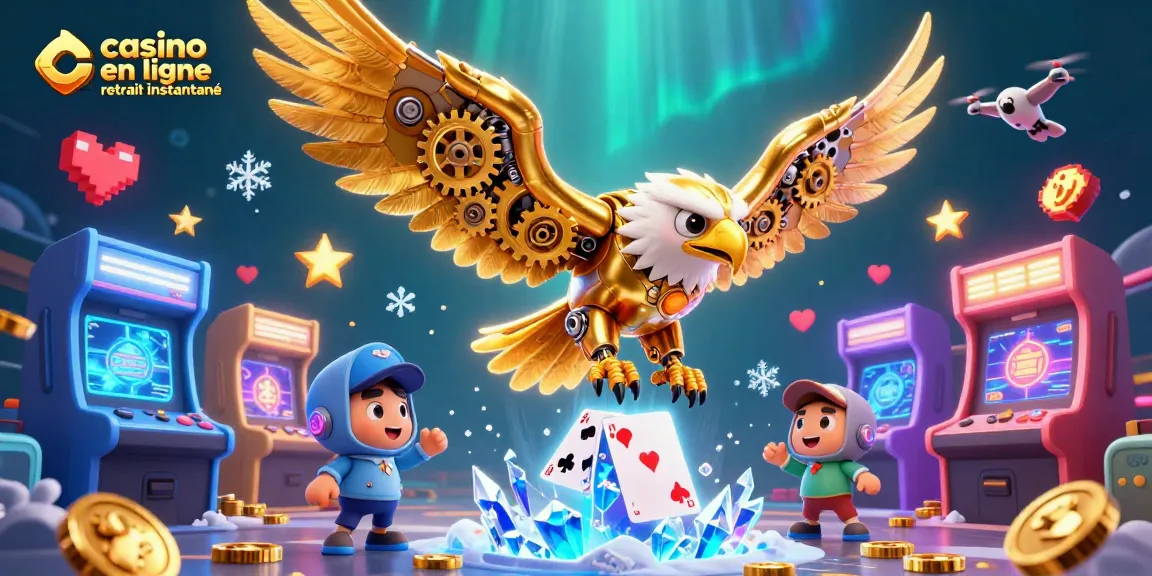 Plongez dans le monde captivant du casino en ligne retrait instantané avec des images de cartes holographiques et un aigle cybernétique.