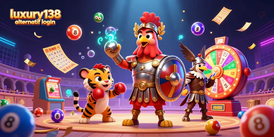 Mengakses luxury138 alternatif login dengan petarung ayam dan bola lotere yang ceria.