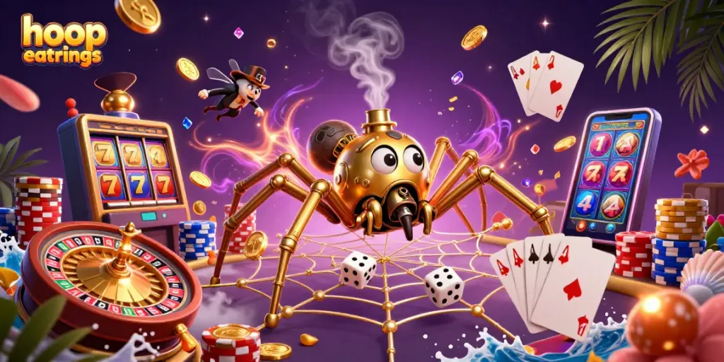 Catch hoop earrings while winning with vibrant gambling-themed designs in a lively casino scene.