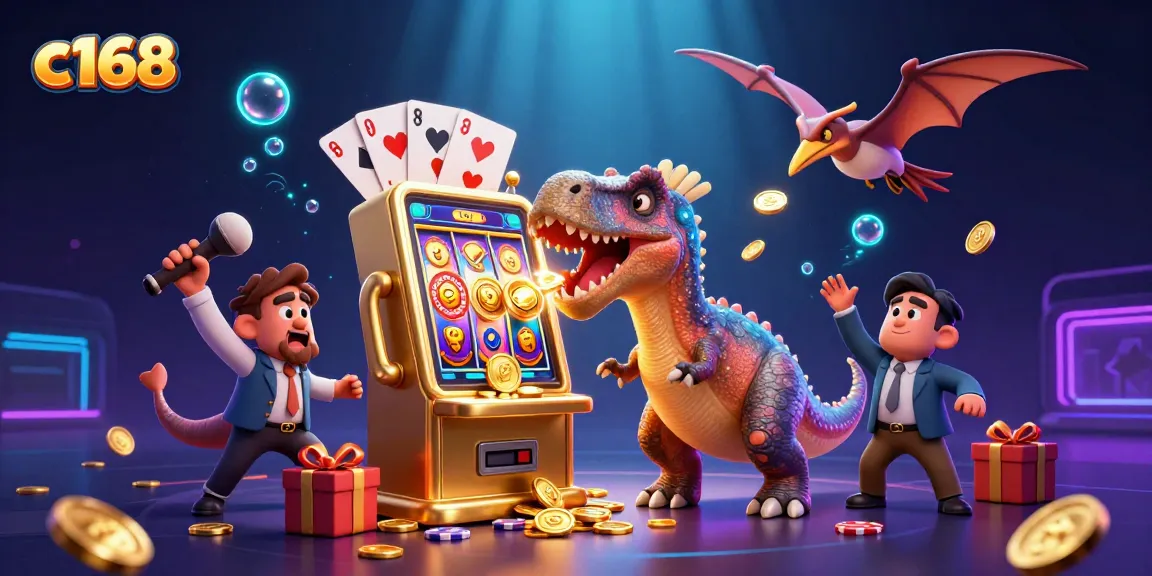C168 players engage in thrilling casino action with a dinosaur-themed jackpot illustration.