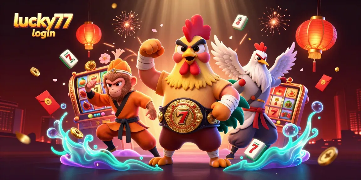 Engage with lucky77 login through this dynamic 3D casino illustration showcasing vibrant characters and slot elements.