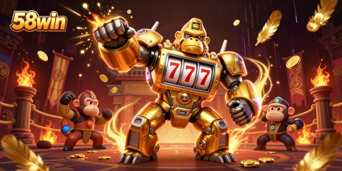 Experience thrilling action at 58win with a vibrant 3D casino mech bursting with coins.