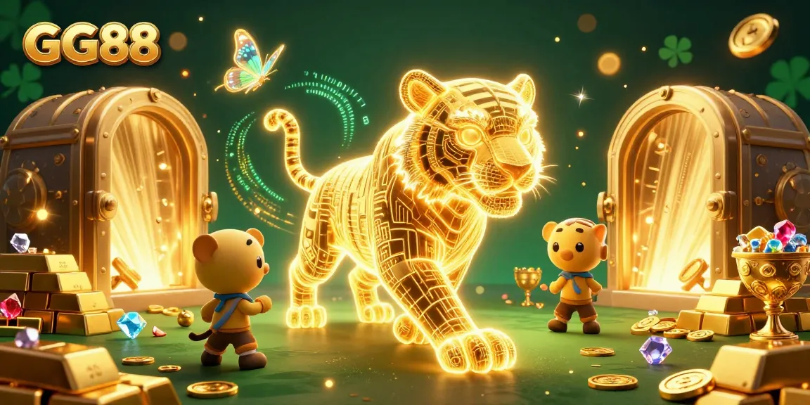 Experience the thrill of GG88's digital casino with a neon-wireframe tiger and dazzling treasures.