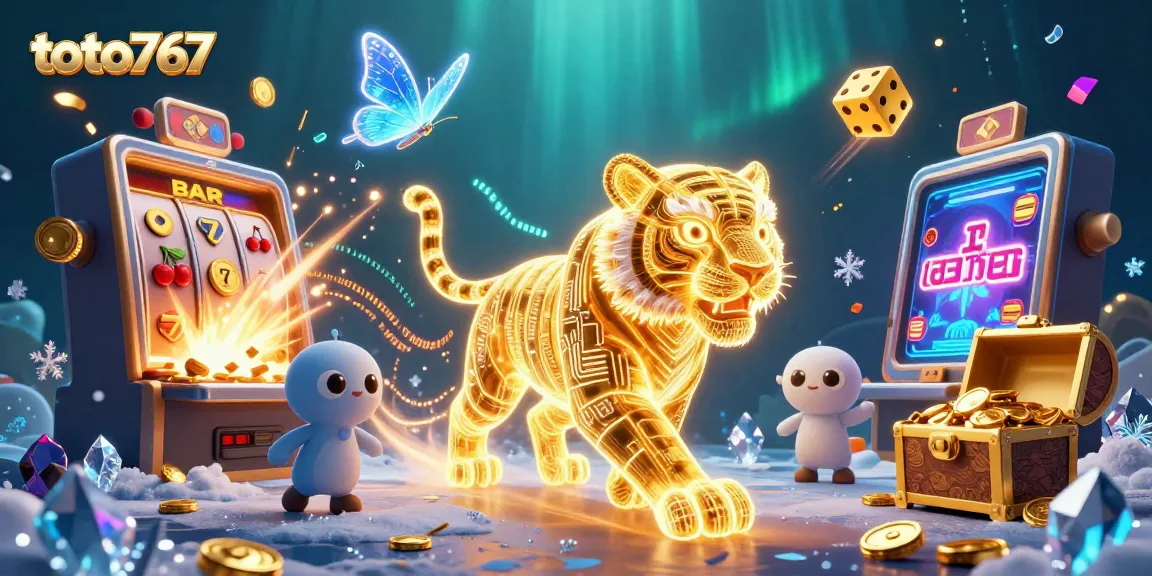 Mainkan toto767 di kasino digital dengan harimau emas yang bersinar dan mesin slot jackpot.