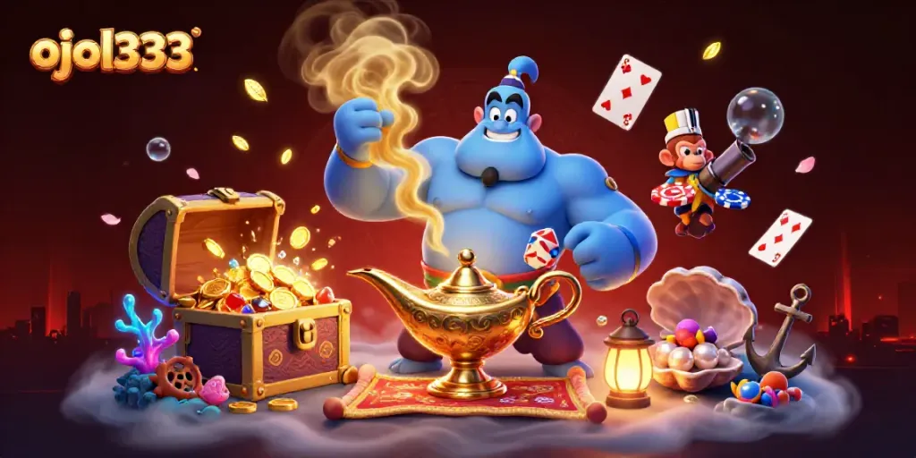 Unleash the adventure with ojol333 featuring a genie, monkey, and poker chips in a magical scene.
