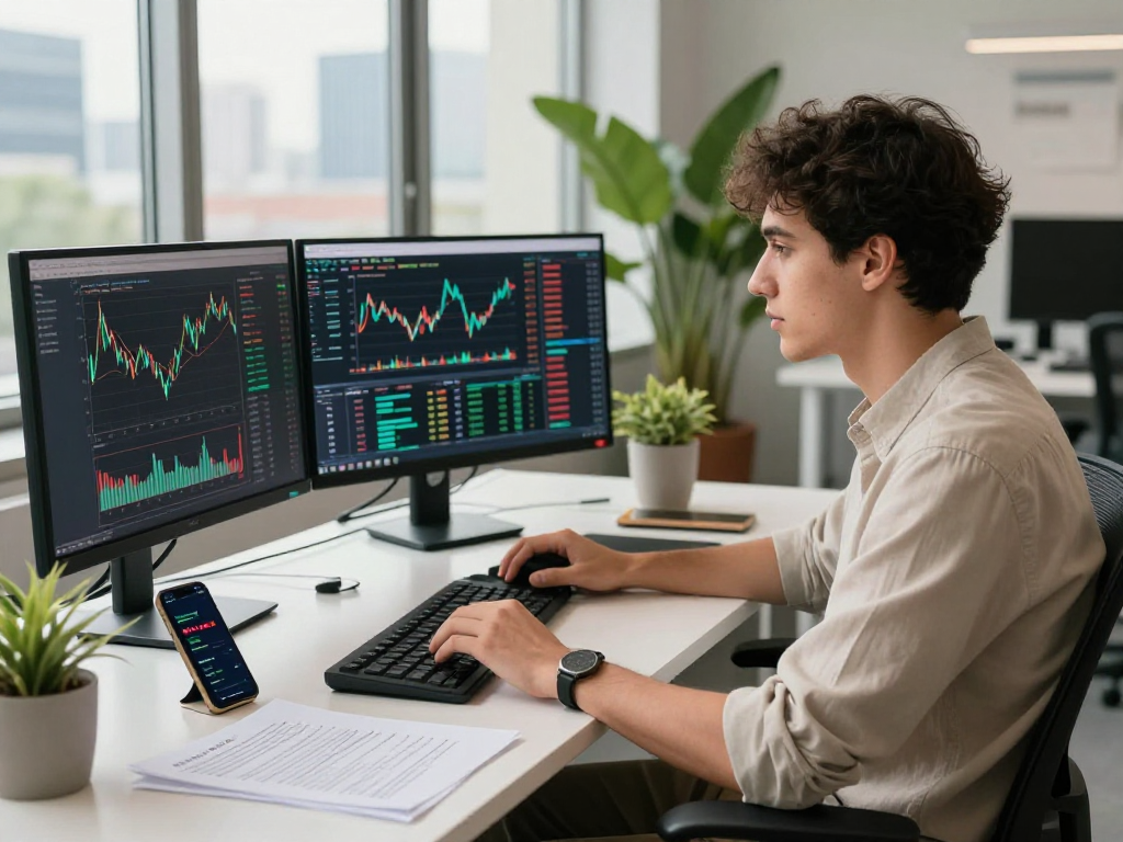Dynamic fintech workspace featuring net88 cryptocurrency trading on multiple screens.