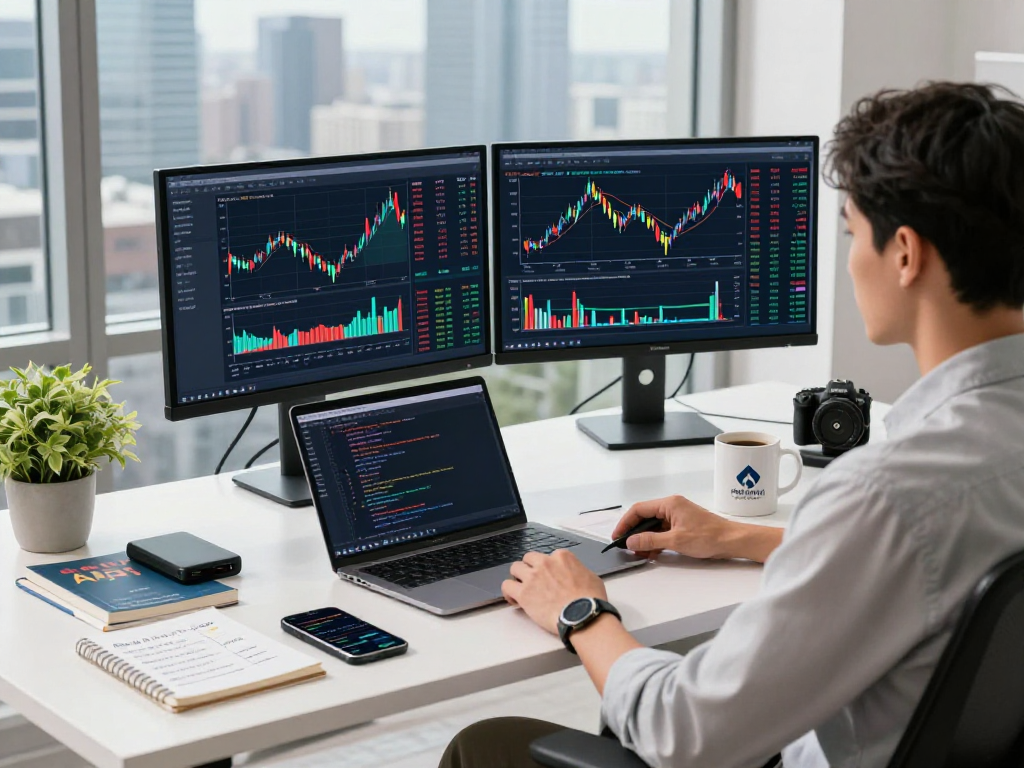 S&P 500 quote API dashboard in a financial analysis workspace with developer using dual monitors