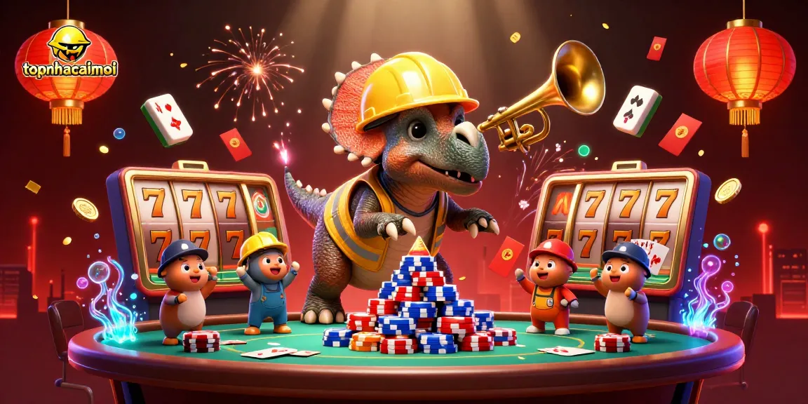 topnhacaimoi features a joyful scene with dinosaur characters celebrating around casino elements and poker stacks.