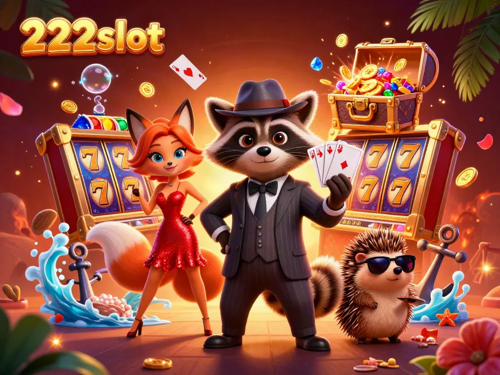 Gameplay 222slot dengan rakun, rubah, dan landak bouncer dikelilingi slot dan harta bawah laut