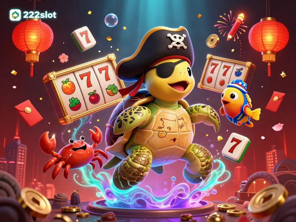 Menangkan jackpot dengan karakter unik dari 222slot yang dikelilingi slot, koin, dan keajaiban.