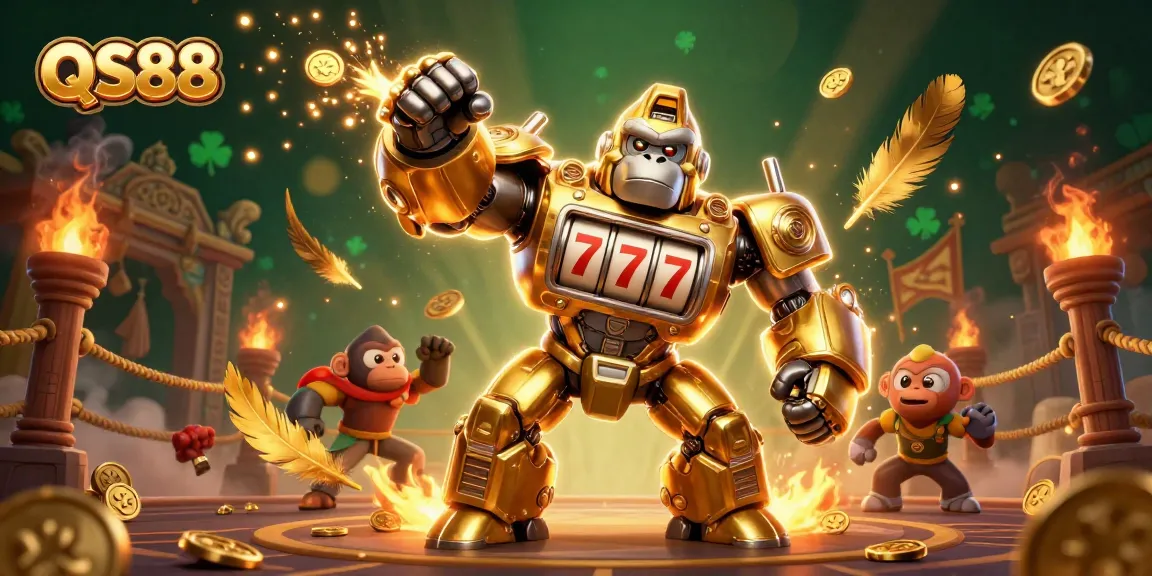 Experience the excitement of QS88 with a dynamic 3D golden gorilla mech showcasing thrilling slot game elements.