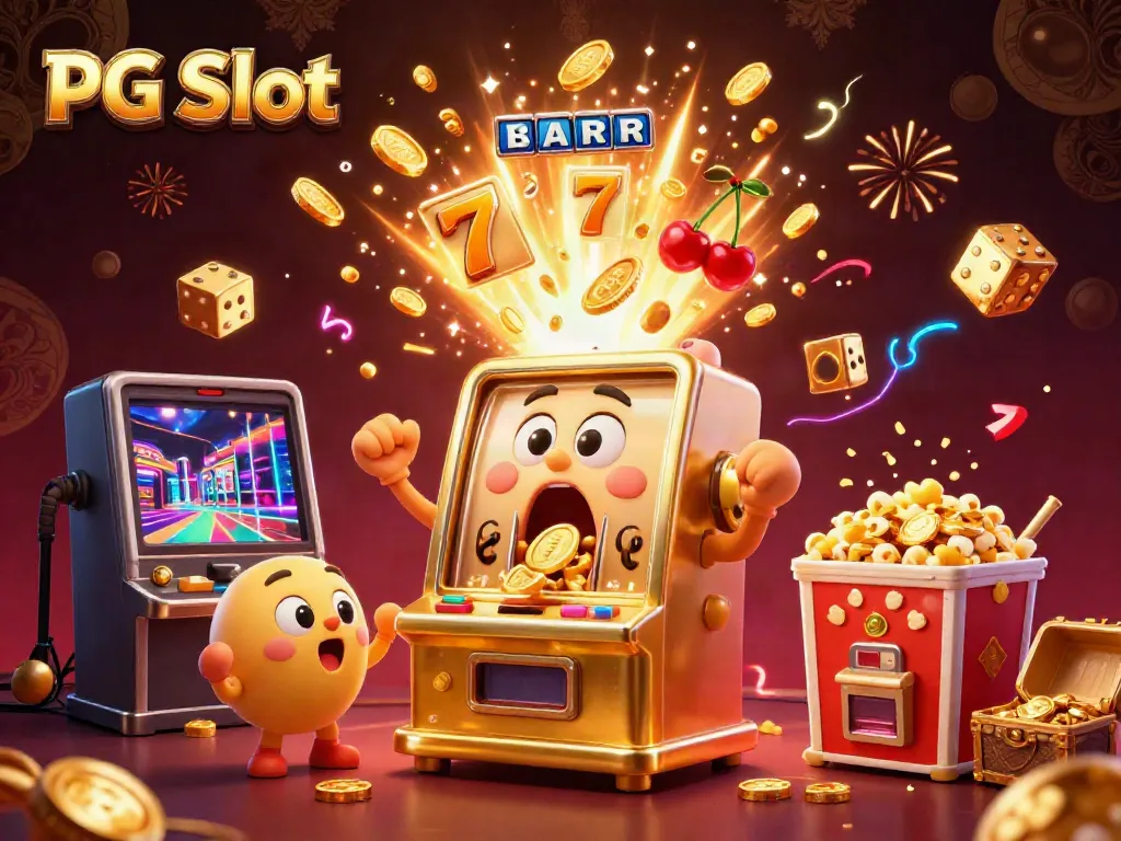 Experience the thrill of PG Slot with a 3D golden machine hitting a jackpot amidst vibrant casino elements.