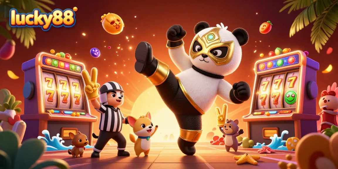Experience the excitement of lucky88 with a panda wrestler kicking through a vibrant casino scene.