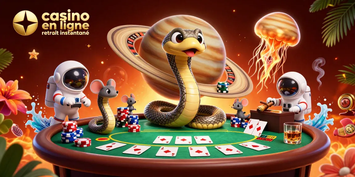 Profitez d'une illustration d'un casino en ligne retrait instantané avec un serpent Saturne et une méduse cosmique.