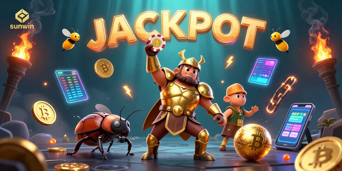 Engage in thrilling gameplay with sunwin as the heroic beetle lifts a poker chip, amidst vibrant casino elements.