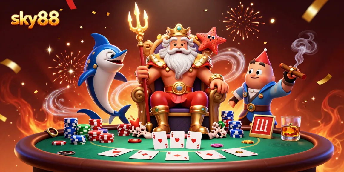 Bet high with sky88 as Neptune and his companions celebrate a poker victory.