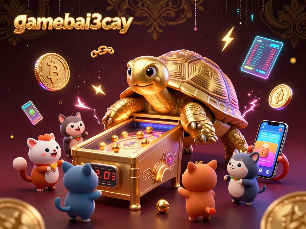 Play casino games at gamebai3cay with exciting crypto elements like Bitcoin coins and a golden tortoise.