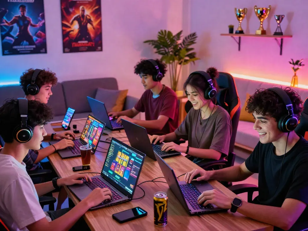Exciting scene of young adults enjoying สล็อตเว็บตรง games in a vibrant living room.