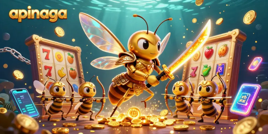 Engage with apinaga's thrilling casino experience featuring vibrant slots, golden coins, and exciting game elements.