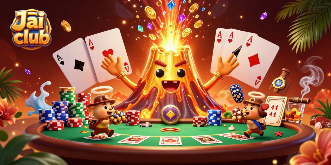 Jai club offers thrilling poker gameplay with a volcano of treasures and animated excitement.