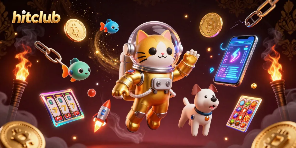 Experience hitclub's vibrant slots with a 3D astronaut cat and robot dog in a dynamic gaming scene.