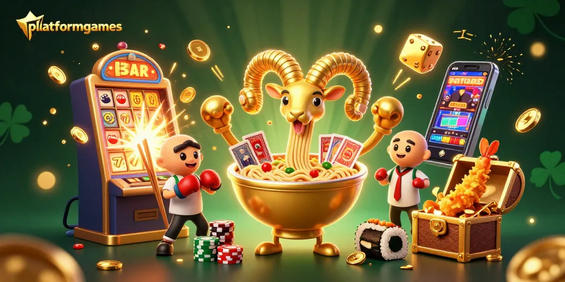 Engage in thrilling casino fun with platformgames as a golden ramen bowl dealer stacks chips and cards.