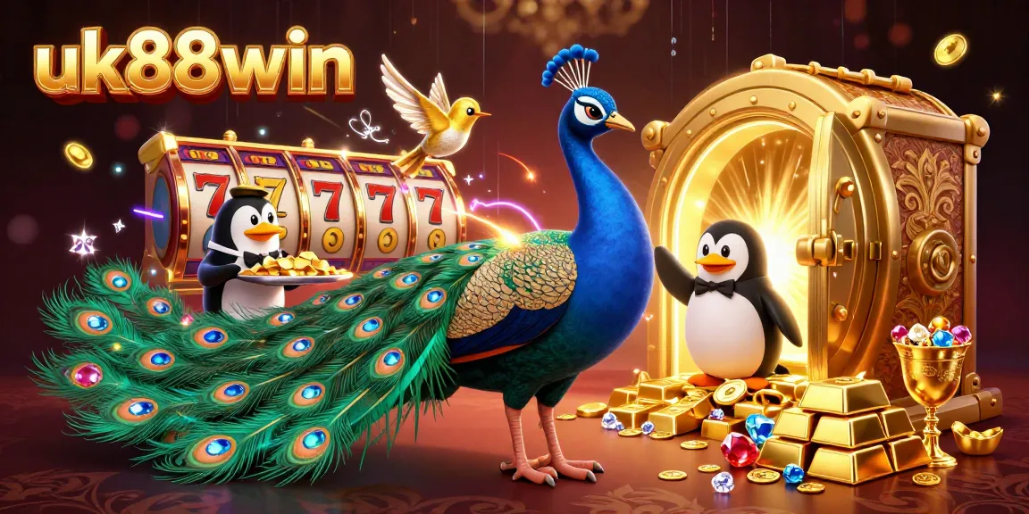 Experience thrilling gaming action with uk88win's vibrant 3D casino scene, showcasing dazzling slot reels.