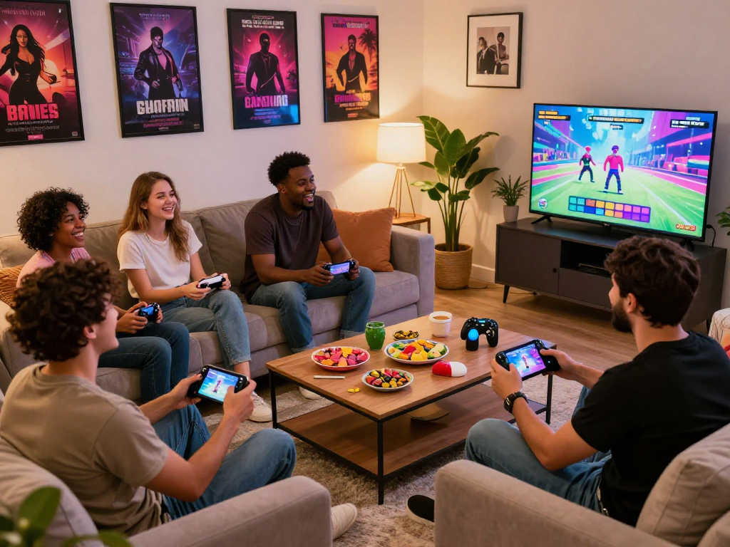 Exciting gathering of friends enjoying sex games in a cozy living room with vibrant decor.