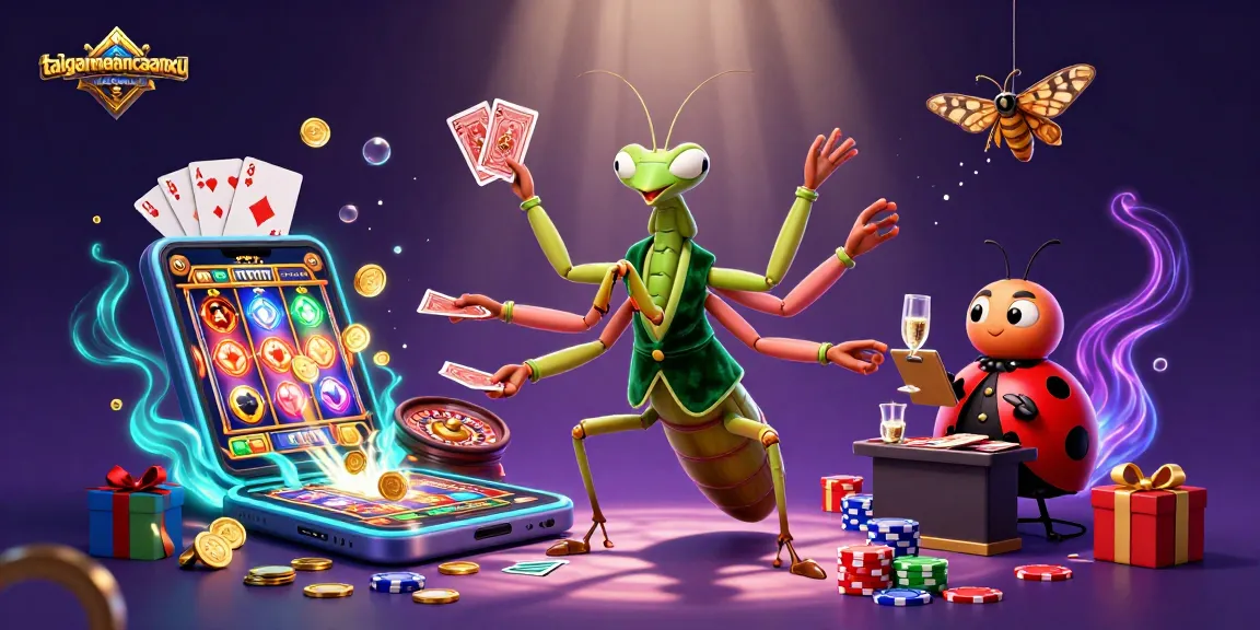 Engage with taigamebancaanxu as a giant mantis dealer pours champagne and shuffles cards.