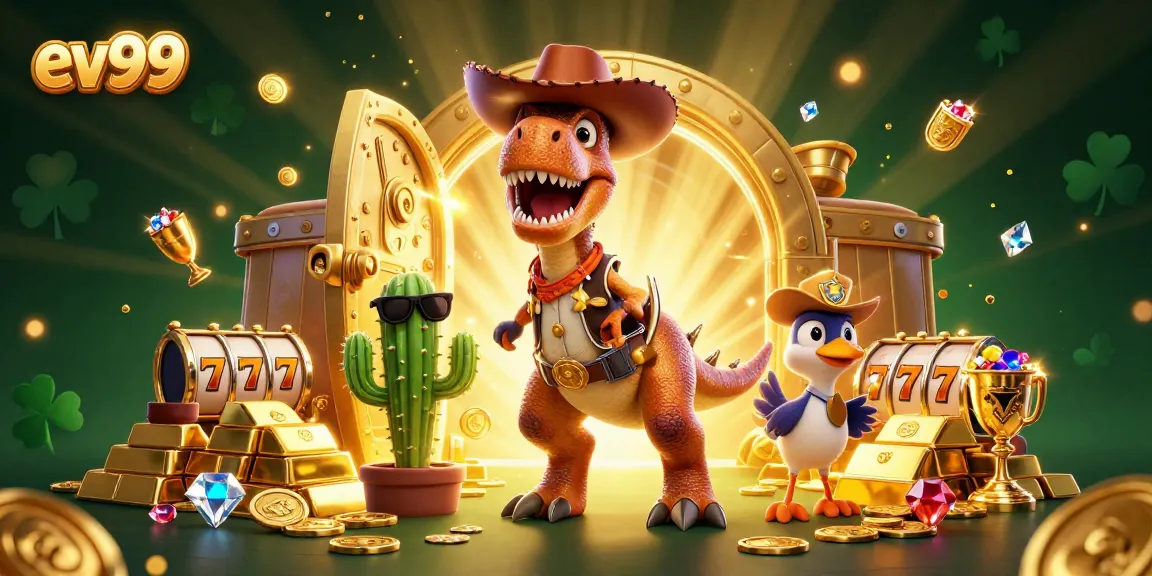 Spin the reels and win big at ev99 with an exciting 3D cowboy dinosaur casino illustration.