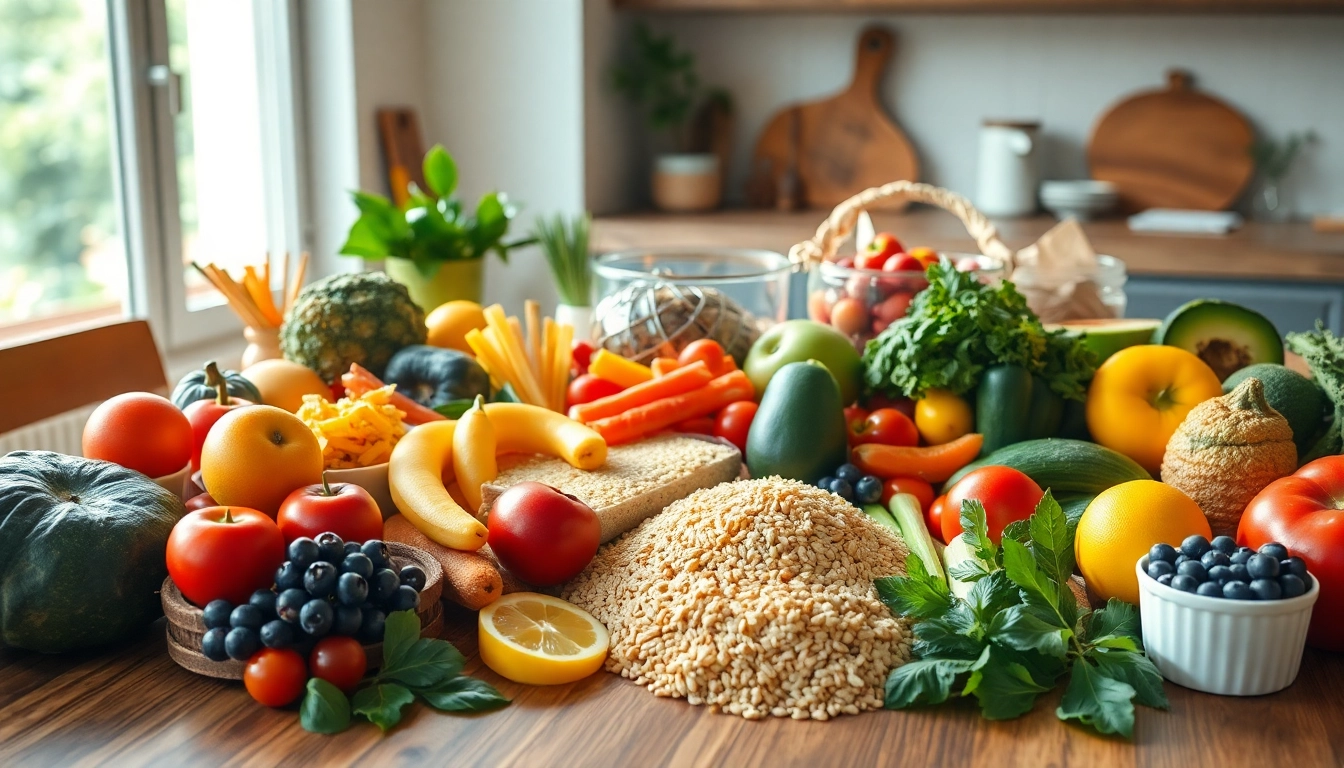 Spread of healthy eating habits featuring colorful fruits and vegetables on a wooden table.