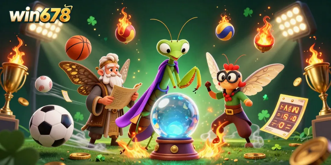 Experience thrilling betting at win678 with vibrant sports elements and mystical characters embodying luck and strategy.