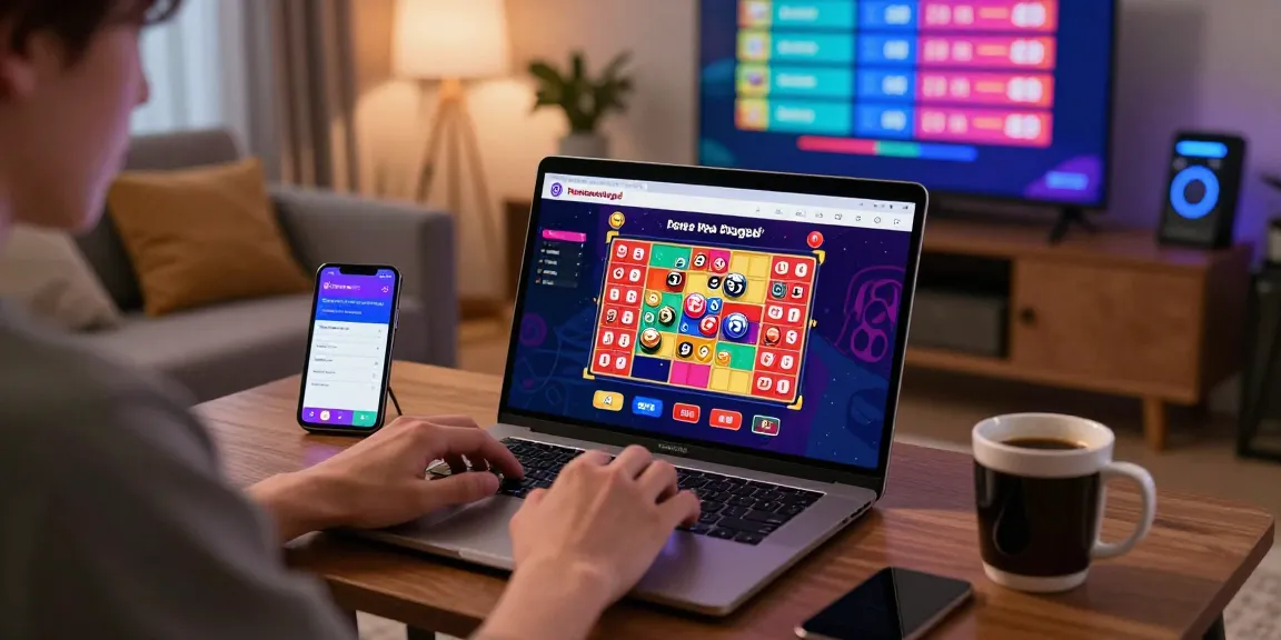 Dewatogel user engaging in online lottery betting on laptop in a cozy living room