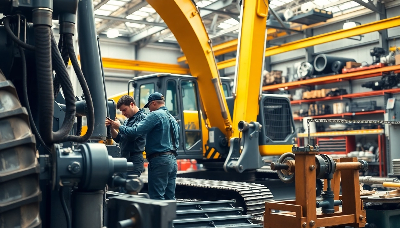 Technicians performing equipment service on heavy machinery in a workshop setting.