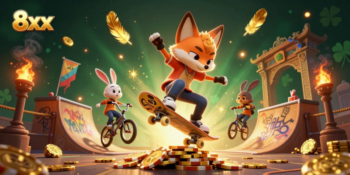 Experience thrilling gaming adventures with 8xx as the animated fox and rabbit enjoy a vibrant casino scene.