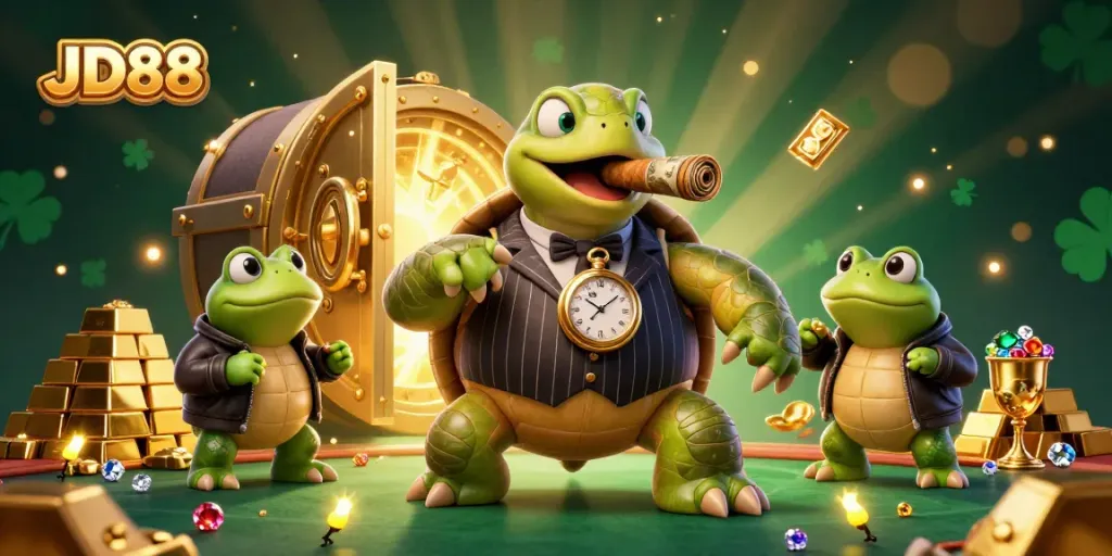 JD88's exhilarating casino scene featuring a snapping turtle and bullfrog enforcers amidst treasures and lights.