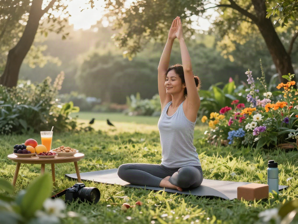 Individual practicing yoga amidst nature, embodying bolakami's holistic wellness approach with healthy snacks nearby.