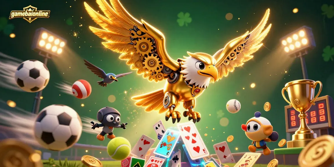 Engage in thrilling gameplay with gamebaiionline as a golden eagle dives through dynamic holographic cards.