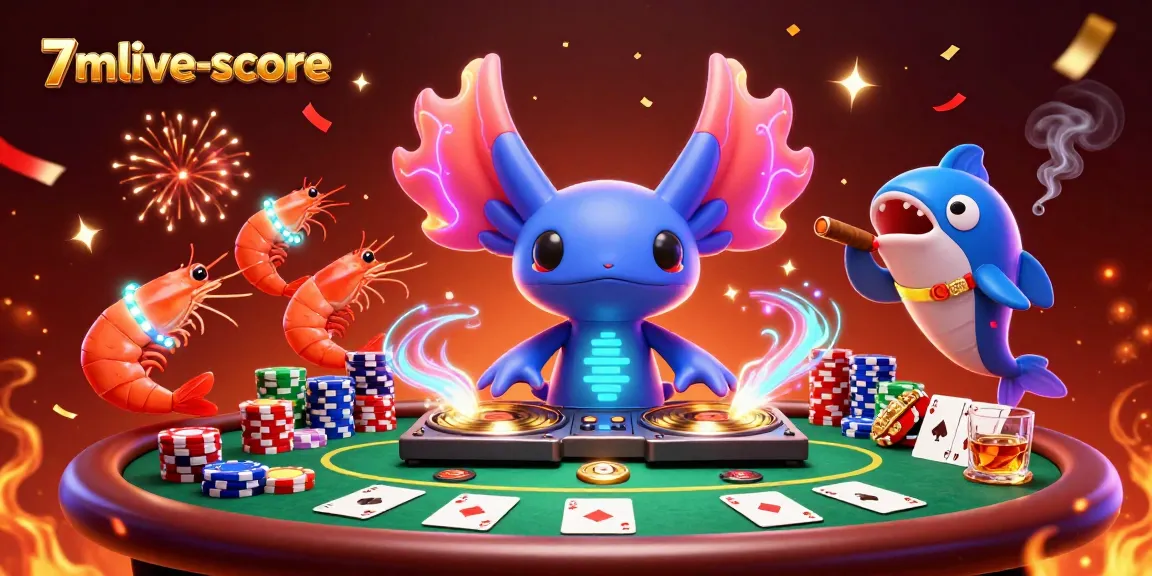 Engage with 7mlive-score as a neon axolotl DJ captivates players in a vibrant casino party scene.