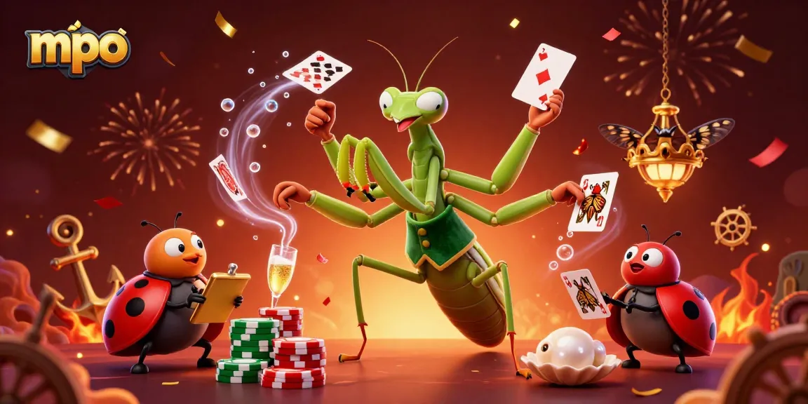 MPO offers dynamic gaming experiences with vibrant characters, including a giant mantis and ladybug in a bustling casino scene.