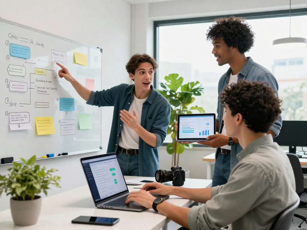 Engaging discussion about spicy chat AI in a modern tech workspace, showcasing innovative teamwork.