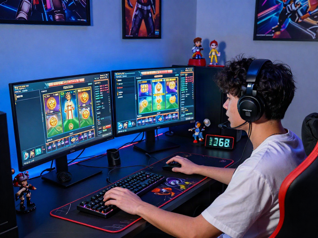 Engaged gamer experiencing the thrill of rutanslot in a vibrant gaming setup.