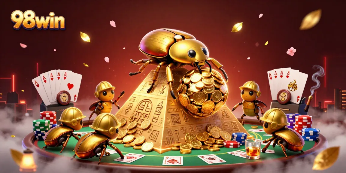 Experience the excitement of 98win with golden bugs rolling coins amidst vibrant casino elements.