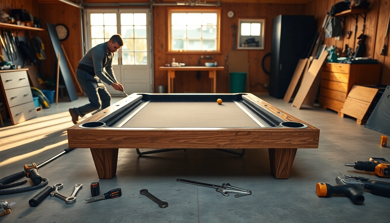 Pool Table Disassembly process showing disassembled parts and tools used.