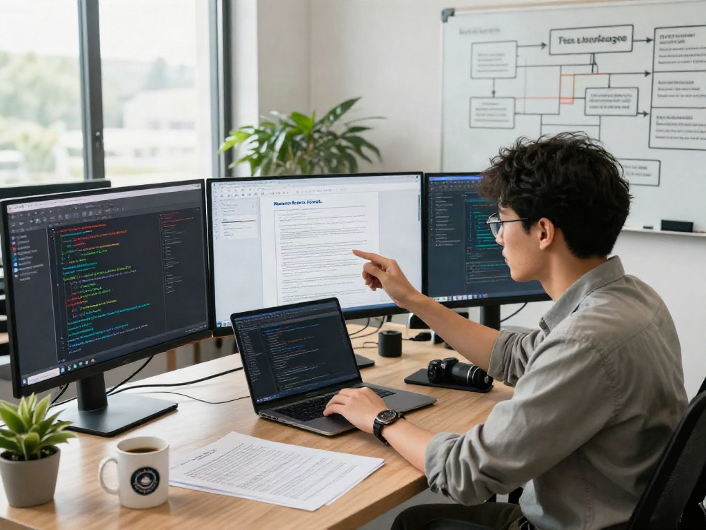 Data scientist analyzing document fraud detection software in a modern office setting with digital screens and documents.